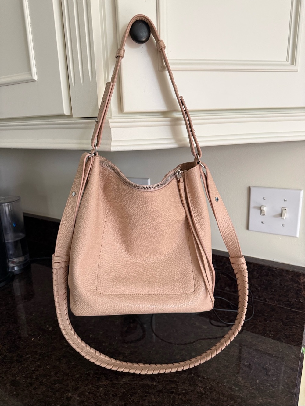 All Saints Soft Pebbled Shoulder Handbag in Bone Beige